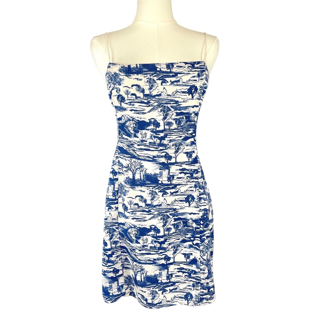 Urban Outfitters Blue Toile Mini Dress L Smocked Back Coquette Dainty Feminine